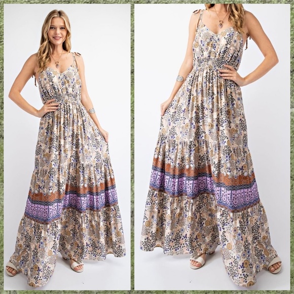 EASEL "Summer Dreams" Sexy Tiered Flowy Maxi Dress Smocked Waist Self-Tie Straps - Picture 9 of 15